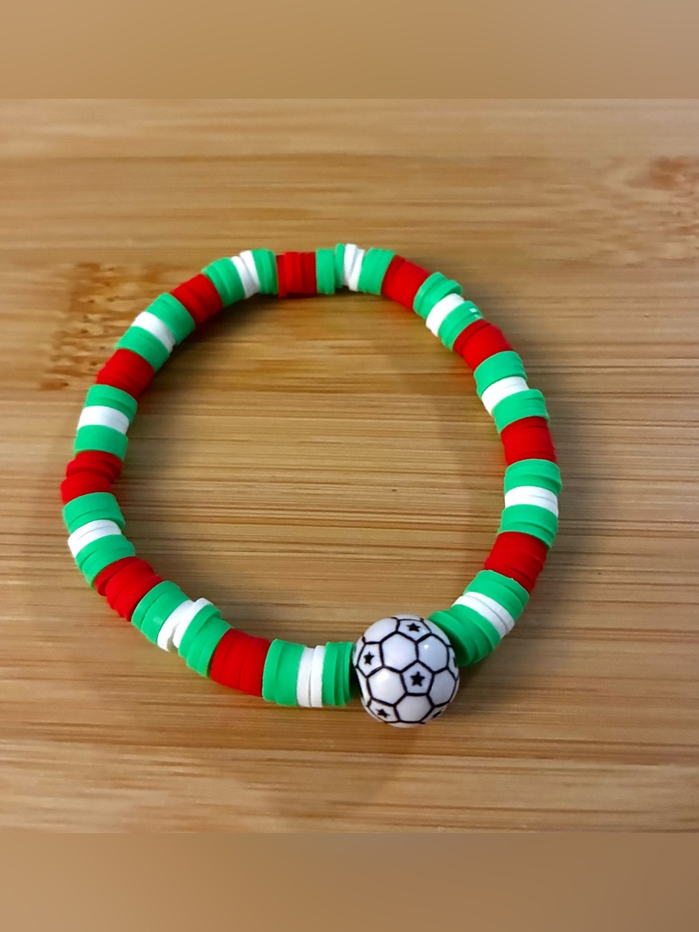 Soccer Beaded Stretch Bracelet -Red, Green & White